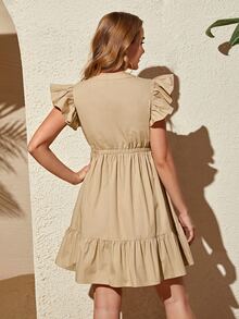 SHEIN 孕婦A字型缺口領荷葉邊連衣裙 - 卡其色 - 查看 2