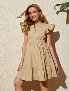 SHEIN 孕婦A字型缺口領荷葉邊連衣裙 - 卡其色 - 查看 4