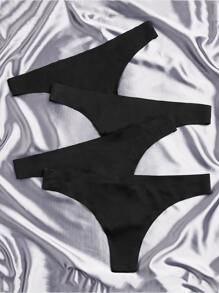 Women's Black High Stretch Casual Comfy Plain Fabric Thong Panties Set