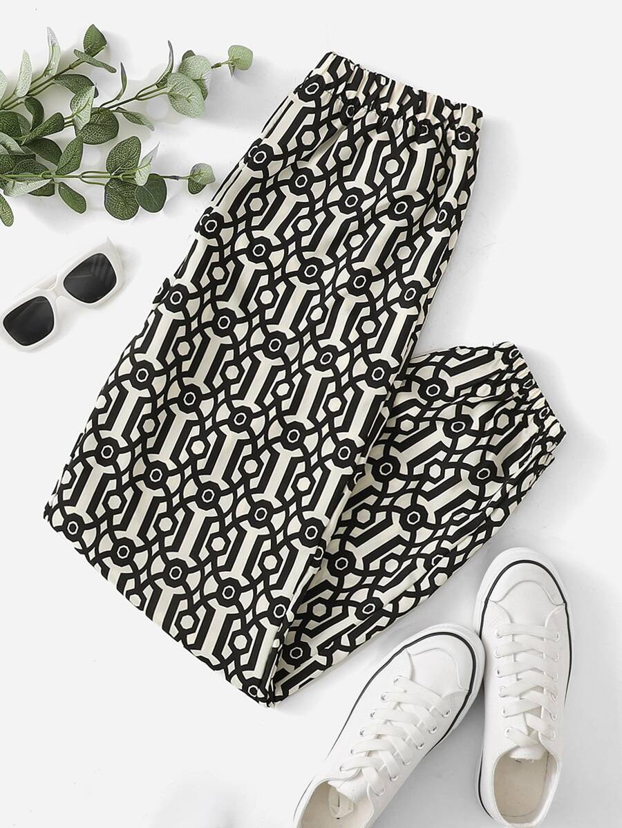 EMERY ROSE 滿版幾何圖案彈性腰帶長褲 - 彩色 - 查看 1