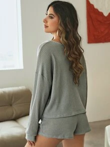 Half Button Waffle Knit Lounge Set - Grey - View 2