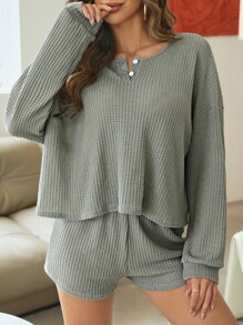 Half Button Waffle Knit Lounge Set - Grey - View 4
