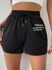 SHEIN LUNE Quần đùi nữ Dây kéo Slogan Thể thao - màu đen - Xem 1