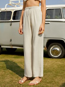 SHEIN VCAY Quần nữ Dây kéo màu trơn Giải trí - Màu be - Xem 1