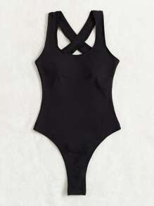 SHEIN Swim Summer Beach Plain Criss Cross One Piece Swimsuit - Black - View 5