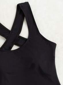 SHEIN Swim Summer Beach Plain Criss Cross One Piece Swimsuit - Black - View 4