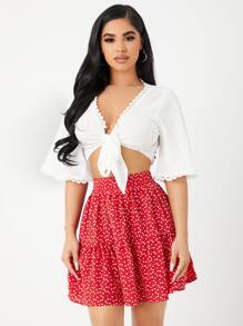 SHEIN 前繫帶蕾絲邊上衣和滿版印花高腰半身裙 - 紅白色 - 查看 1