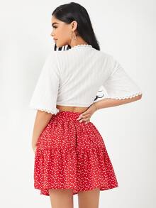 SHEIN 前繫帶蕾絲邊上衣和滿版印花高腰半身裙 - 紅白色 - 查看 2