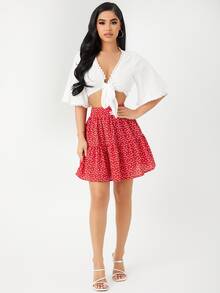 SHEIN 前繫帶蕾絲邊上衣和滿版印花高腰半身裙 - 紅白色 - 查看 3