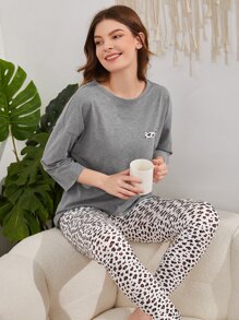 SHEIN 豹紋印花落肩袖休閒服上裝 - 灰色 - 查看 2