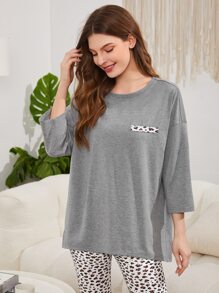 SHEIN 豹紋印花落肩袖休閒服上裝 - 灰色 - 查看 4