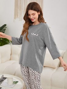 SHEIN 豹紋印花落肩袖休閒服上裝 - 灰色 - 查看 6