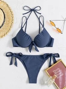 SHEIN Swim Summer Beach Solid Bikini Set Knot Front Push Up Bra & Tie Side Bottom 2 Piece Bathing Suit - Navy Blue - View 7