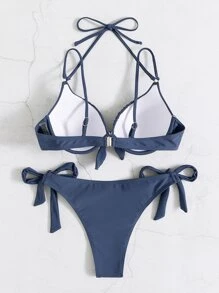 SHEIN Swim Summer Beach Solid Bikini Set Knot Front Push Up Bra & Tie Side Bottom 2 Piece Bathing Suit - Navy Blue - View 6