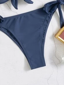 SHEIN Swim Summer Beach Solid Bikini Set Knot Front Push Up Bra & Tie Side Bottom 2 Piece Bathing Suit - Navy Blue - View 3