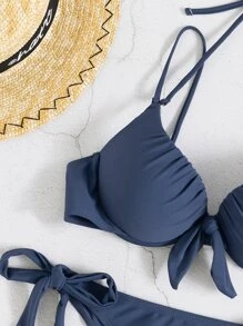 SHEIN Swim Summer Beach Solid Bikini Set Knot Front Push Up Bra & Tie Side Bottom 2 Piece Bathing Suit - Navy Blue - View 5