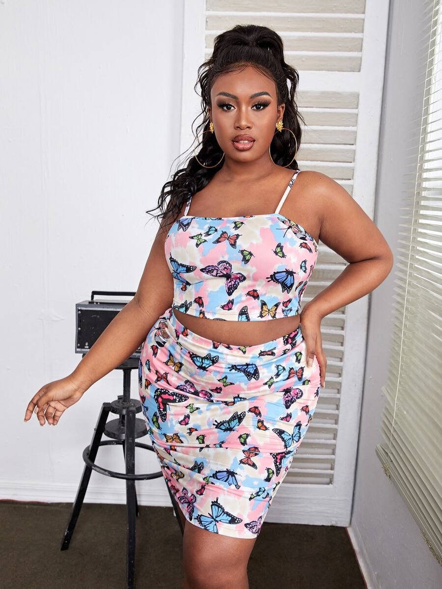 大碼蝴蝶圖案吊帶上衣和包臀半身裙 - 彩色 - 查看 1