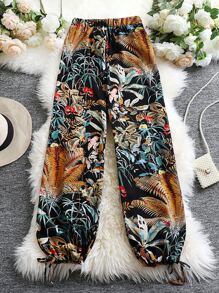 SHEIN Holidaya Plus Tropical Print Knot Hem Trousers - Multicolor - View 1