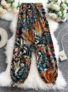 SHEIN Holidaya Plus Tropical Print Knot Hem Trousers - Multicolor - View 2