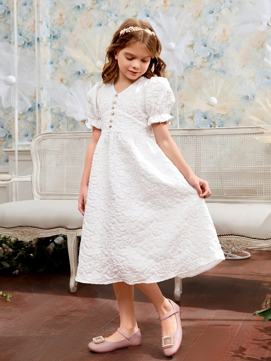 SHEIN Girl Button Front Puff Sleeve Dress"Mommy&Me" - White - View 1