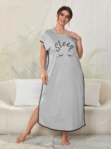 大碼睫毛和字母圖案蝙蝠袖下擺開叉睡裙 - 灰色 - 查看 1