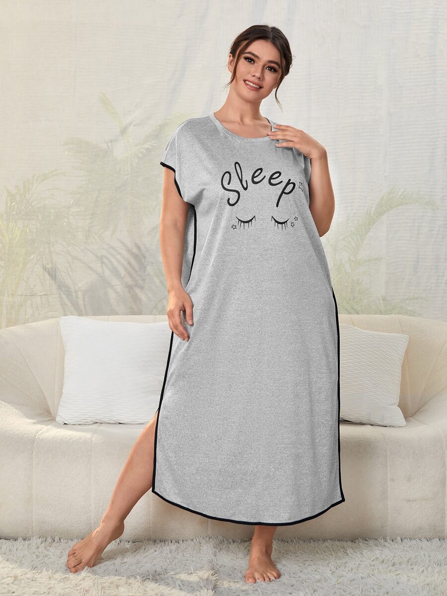 大碼睫毛和字母圖案蝙蝠袖下擺開叉睡裙 - 灰色 - 查看 1