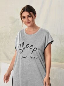 大碼睫毛和字母圖案蝙蝠袖下擺開叉睡裙 - 灰色 - 查看 3