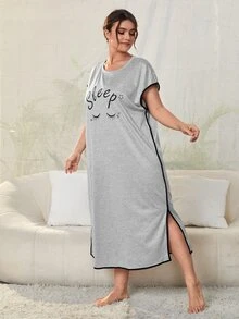大碼睫毛和字母圖案蝙蝠袖下擺開叉睡裙 - 灰色 - 查看 4