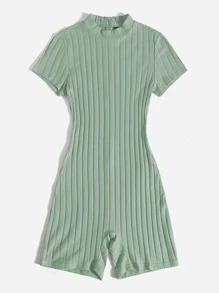 SHEIN EZwear Mock Neck Rib-knit Unitard Romper - Mint Green - View 3