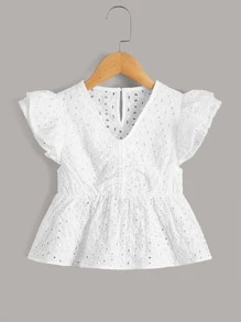 SHEIN Áo cánh Gái Nút Xù Viên lá sen Tranh thêu màu trơn Boho - trắng - Xem 1