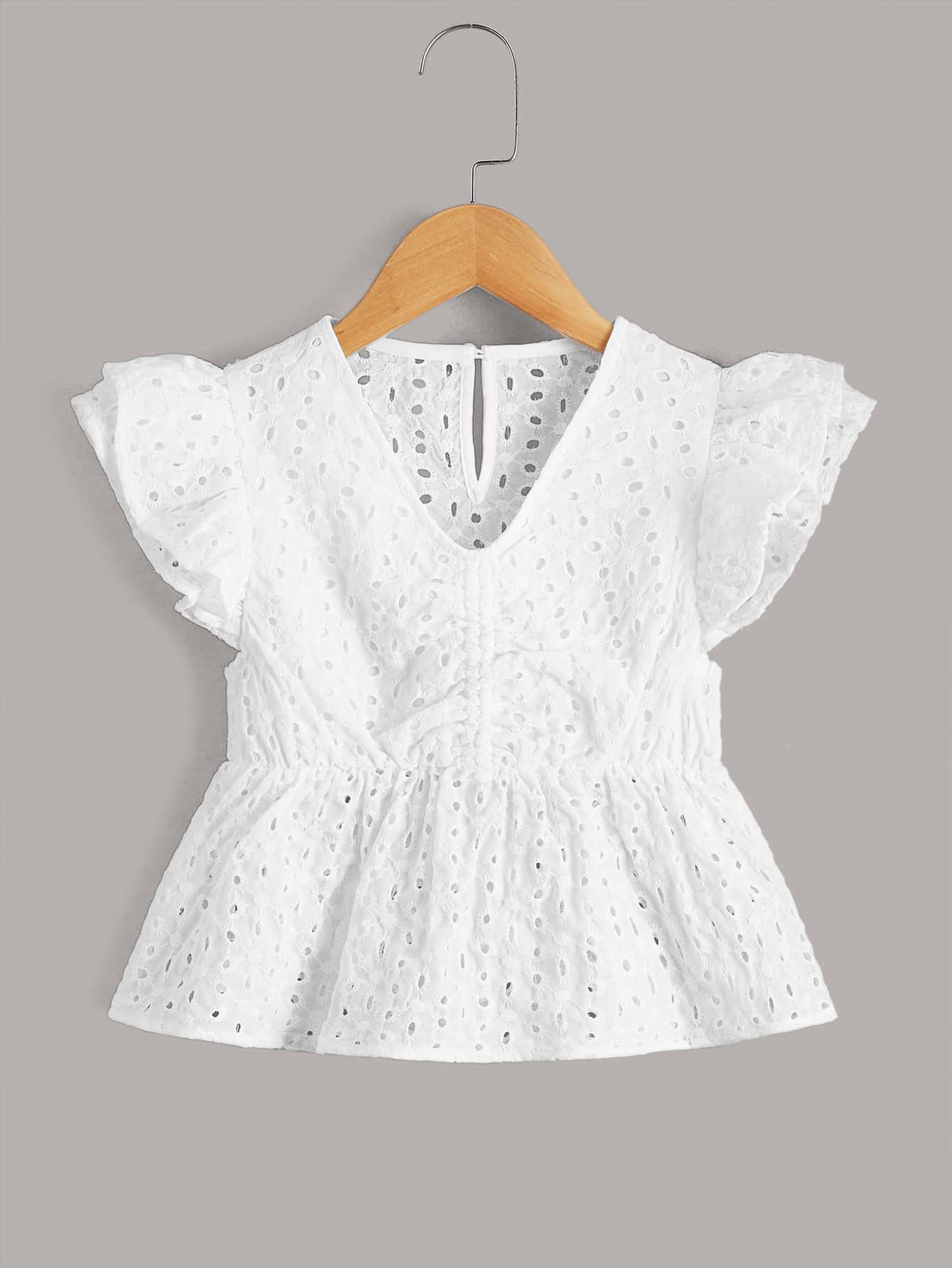 SHEIN Áo cánh Gái Nút Xù Viên lá sen Tranh thêu màu trơn Boho - trắng - Xem 1