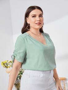 SHEIN Top escote V con cordón puño fruncido - verde menta - Ver 3