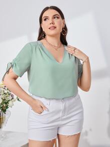 SHEIN Top escote V con cordón puño fruncido - verde menta - Ver 1