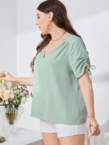 SHEIN Top escote V con cordón puño fruncido - verde menta - Ver 4