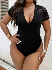 Celure Plus Contrast Lace Plunge Neck Bodysuit - Black - View 1