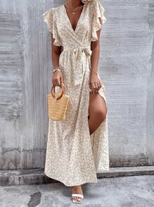 SHEIN Unity 植物圖案蝴蝶袖圍裹式連衣裙 - 杏色 - 查看 4