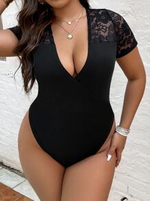 Celure Plus Contrast Lace Plunge Neck Bodysuit - Black - View 3