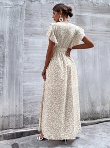 SHEIN Unity 植物圖案蝴蝶袖圍裹式連衣裙 - 杏色 - 查看 2