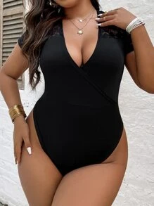 Celure Plus Contrast Lace Plunge Neck Bodysuit - Black - View 4