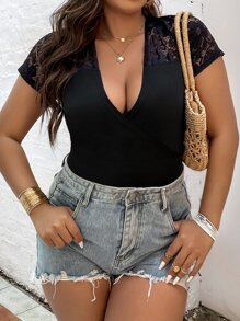 Celure Plus Contrast Lace Plunge Neck Bodysuit - Black - View 5