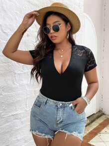 Celure Plus Contrast Lace Plunge Neck Bodysuit - Black - View 6