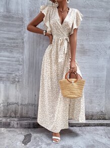 SHEIN Unity 植物圖案蝴蝶袖圍裹式連衣裙 - 杏色 - 查看 5