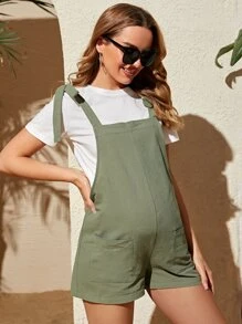 SHEIN Maternity Double Pocket Knot Shoulder Overalls - Army Green - View 4