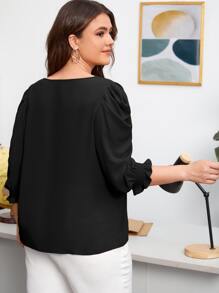 SHEIN Clasi 大碼素色荷葉袖襯衫 - 黑色 - 查看 2