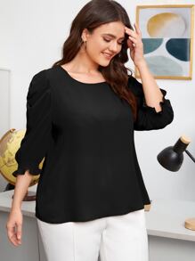 SHEIN Clasi 大碼素色荷葉袖襯衫 - 黑色 - 查看 5