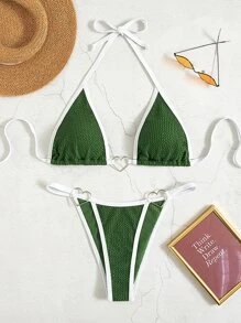 綁繩裝飾淺口三角比基尼 - 墨綠色 - 查看 7