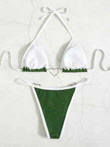 綁繩裝飾淺口三角比基尼 - 墨綠色 - 查看 4