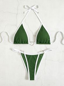 綁繩裝飾淺口三角比基尼 - 墨綠色 - 查看 6