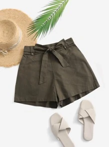 SHEIN Quần đùi nữ Thắt lưng Nút màu trơn Giải trí - xanh quân đội - Xem 1