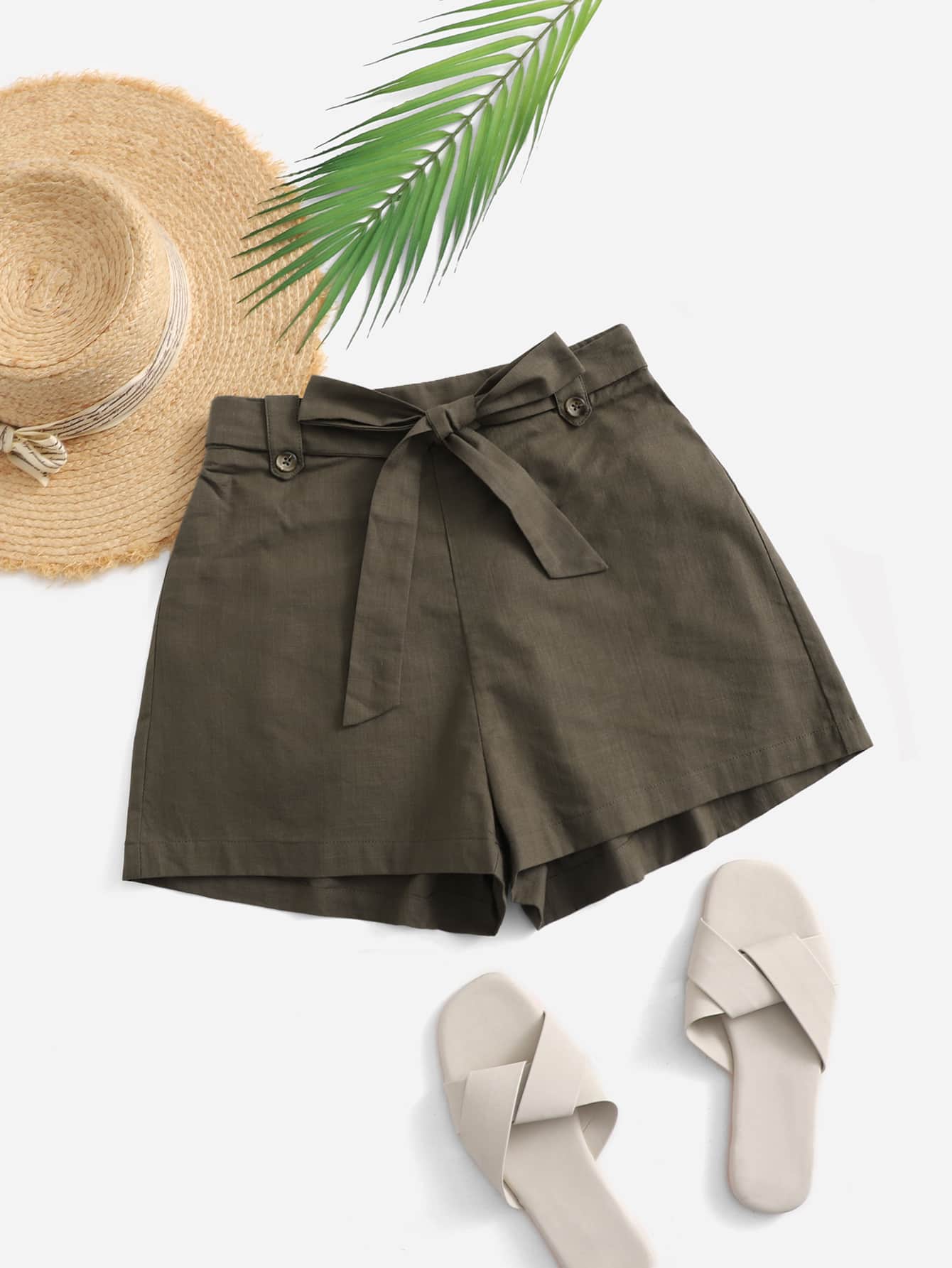 SHEIN Quần đùi nữ Thắt lưng Nút màu trơn Giải trí - xanh quân đội - Xem 1